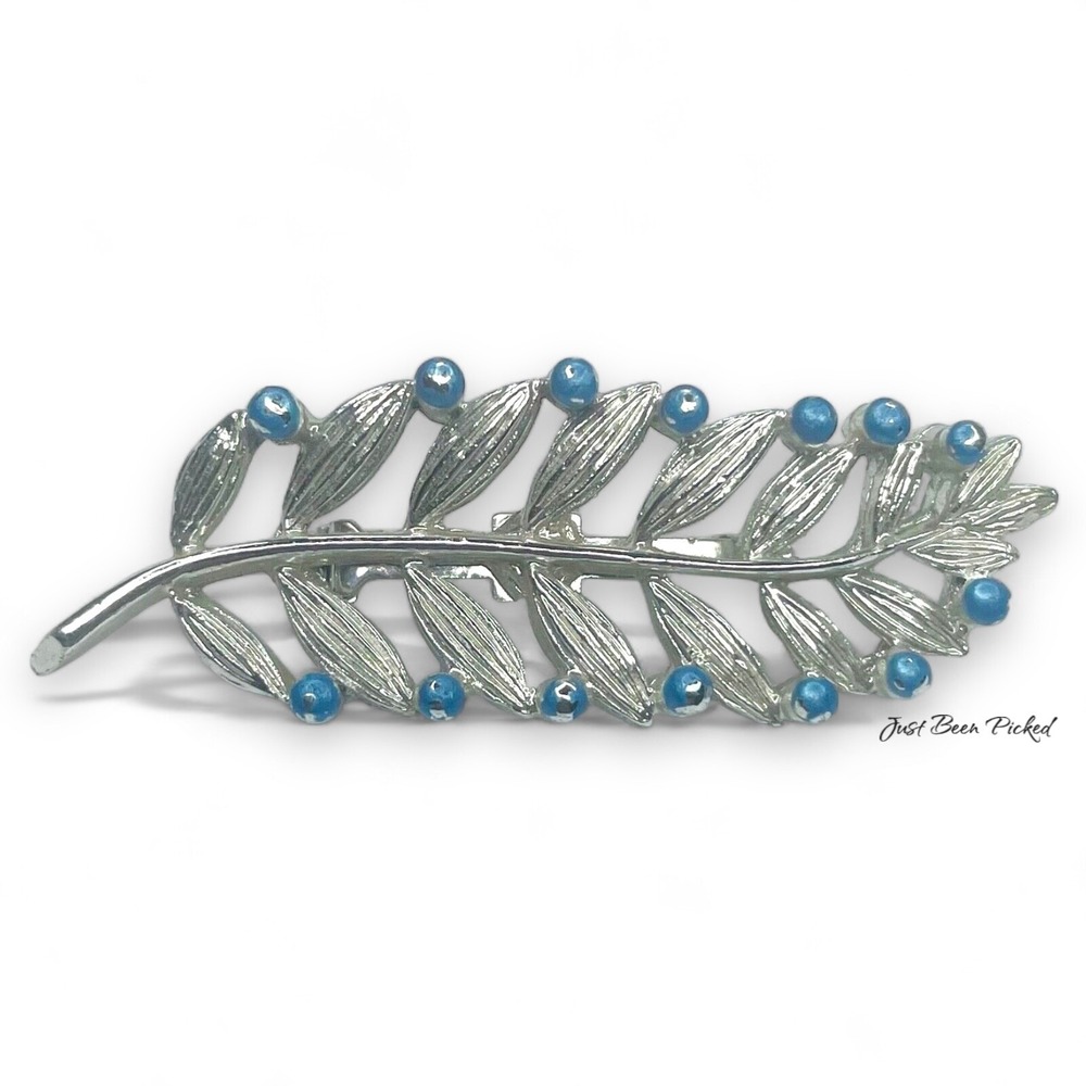 Gerrys Leaf Brooch Pin Silver Tone Turquoise Blue Enamel Textured Botanical 2.25